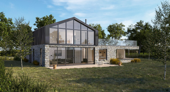 Double hieght living space with glazed screen to class q barn conversion St ewe